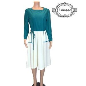 Vintage Toni Todd Teal Long Sleeve Tie Waist Fit & Flare Dress Size M/L